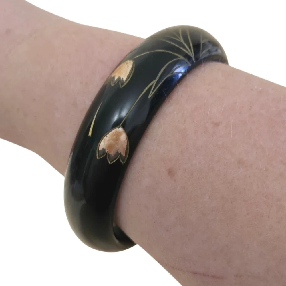 Carved Painted Flowers Black Bakelite Bangle Bracelet France signed Vtg Art Deco